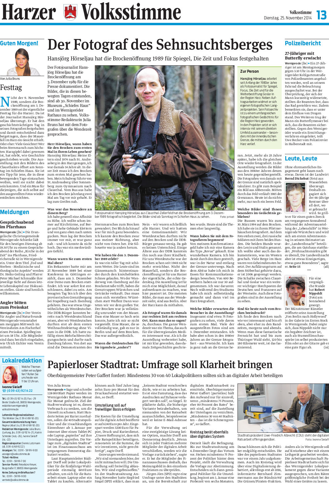 Volksstimme-Artikel über Hansjörg Hörseljau, den Fotografen, der die Wiedervereinigung auf dem Brocken begleitet hat. Autor: Julia Bruns