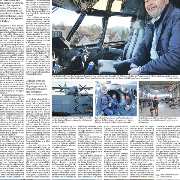 Artikel in der Magdeburger Volksstimme, Seite Drei, über Clemens Aulich, den Besitzer des Luftfahrtmuseums in Wernigerode.